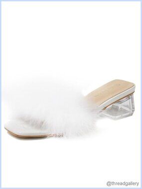 Square Toe Clear Heeled Sandals Low Block Chunky Heels Fluffy Feather Slip On